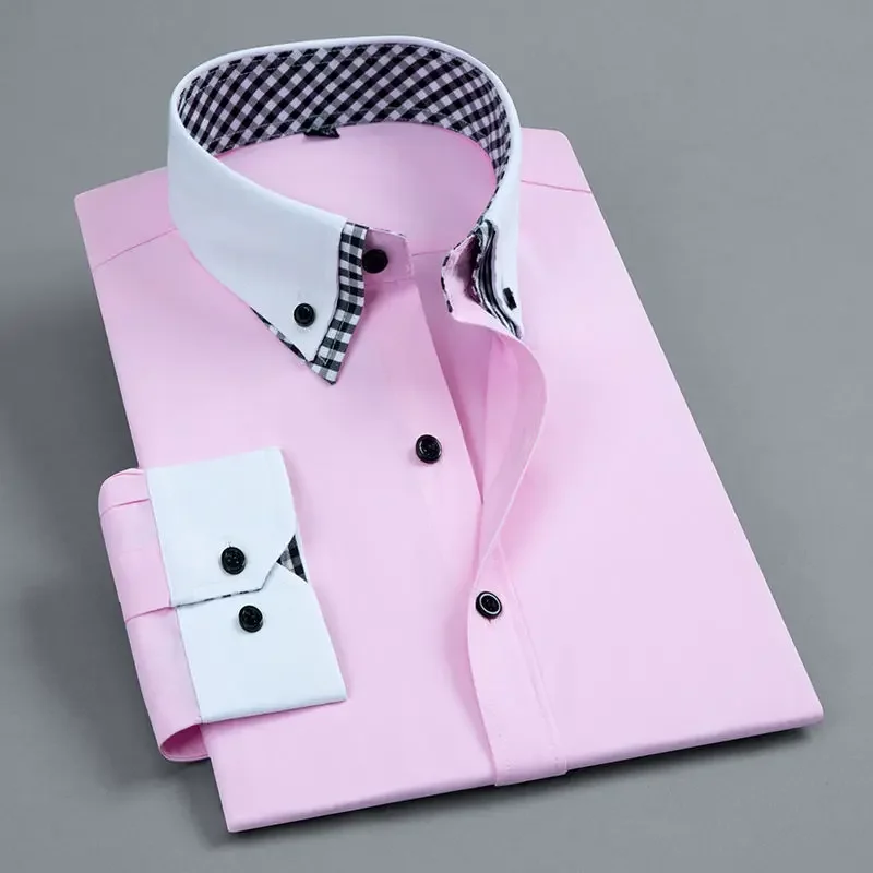 Camisa de vestir de alta calidad para hombre, Camisa de doble capa a la moda, de manga larga, Formal, de negocios, de ajuste Regular, para oficina,