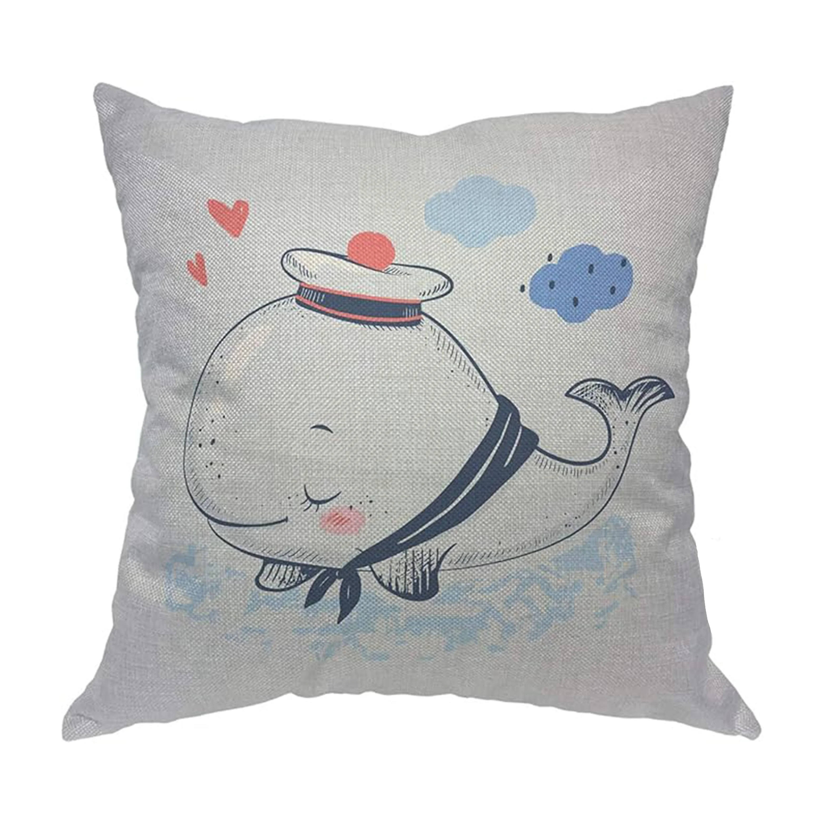 Contemporary Linen Throw Pillow Cover 18x18 Inch - Cute Marine Whale in Sailor Suit Design with Love Waves, Machine Washable with Zipper Closure for Various Room Types - Single Sided, Woven (1PC, Pillow Cover Only)