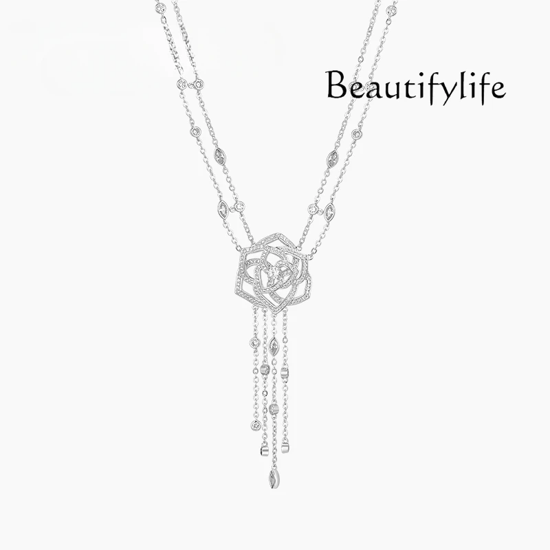 Three-dimensional hollow full diamond flower fringed necklace light luxury niche double-layer rose collarbone chain