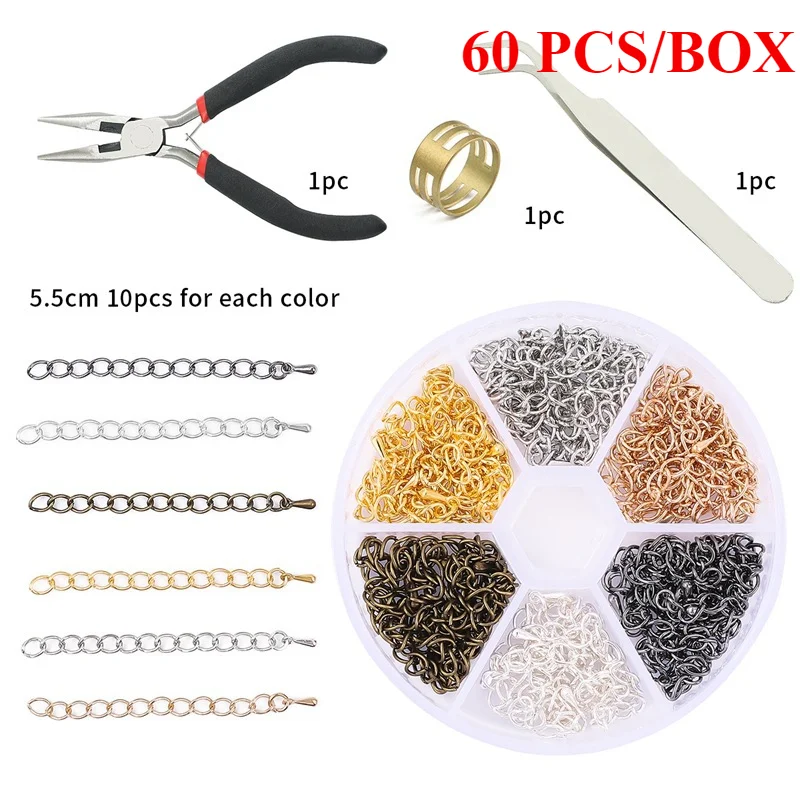 60pcs 5.5cm Iron Bracelet Necklace Extension Chain Water Drop Tail Chain Set Connectors DIY Making Jewelry Findings 6 Colors