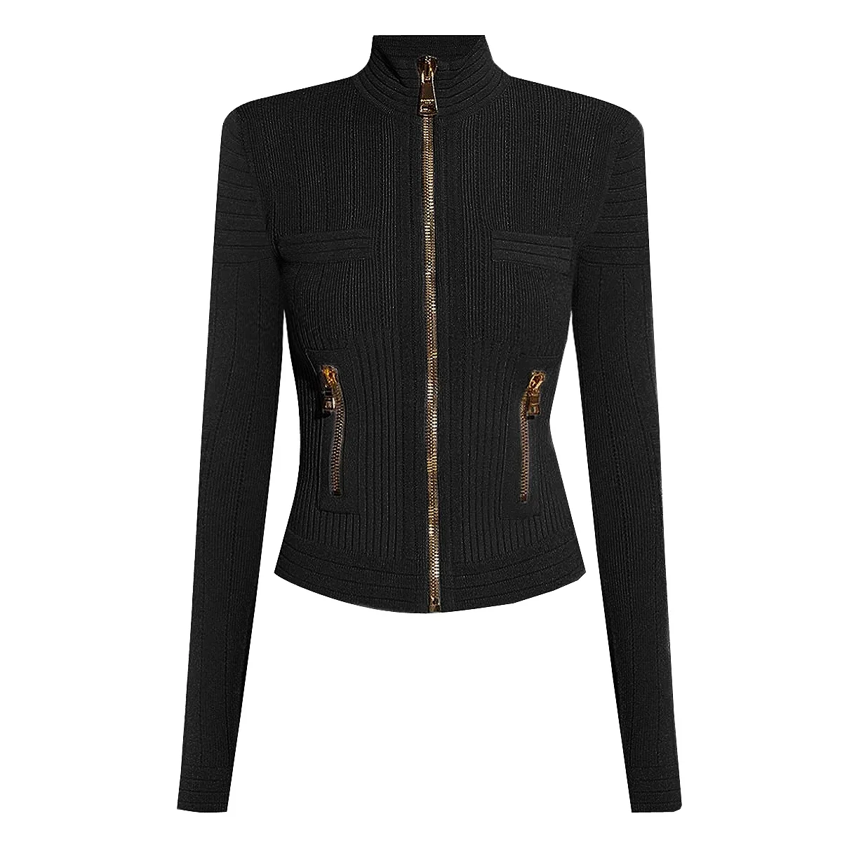 Womens Black White Contrast Knitted Cardigan Slim Zipper High Neck Long Sleeve Pocket Outwear