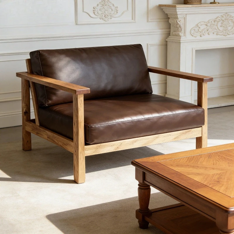 

Solid wood single pure cowhide sofa chair living room leisure chair small apartment leather art sofa