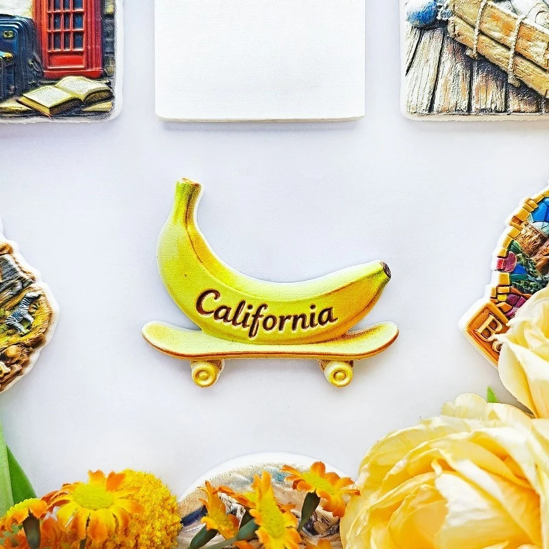 California Skateboard Fridge Magnet - Fun 3D Banana & Deck Souvenir Unique West Coast Gift for Travel & Surf Home Decor