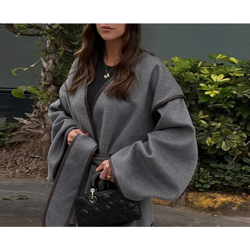 European and American 2025 Autumn Women's Irregular Strap Short Coat Elegant Retro Grey Belt Commuter Coat