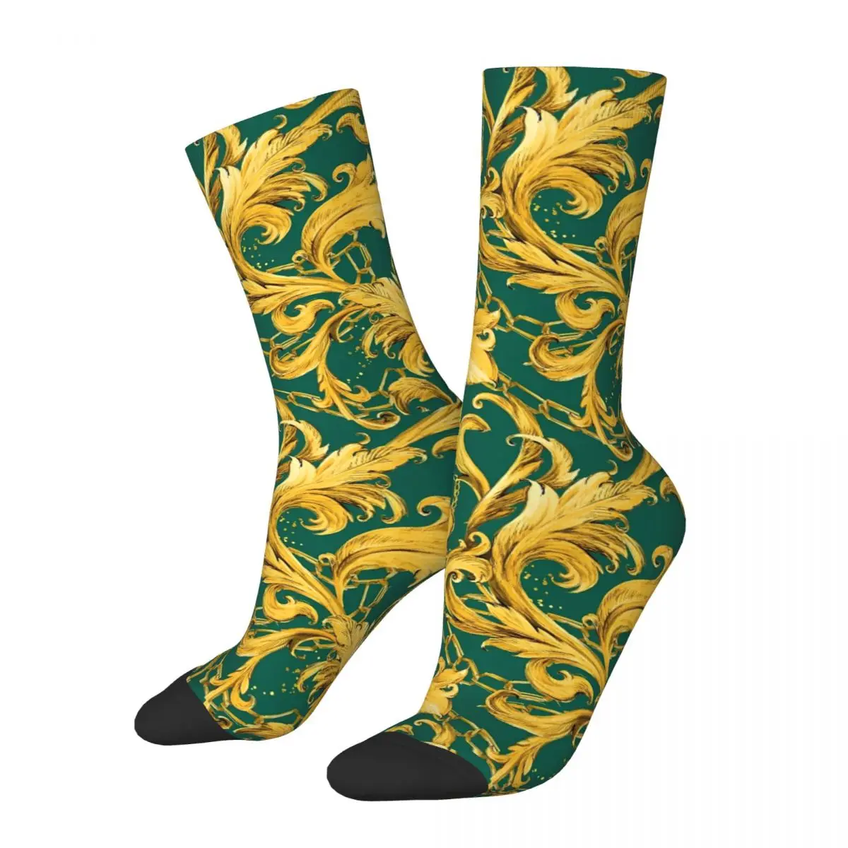 Harajuku Golden Lace Damask Skateboard Socks Baroque Vintage Luxury Curl Watercolor Polyester Long Socks Unisex Sweat Absorbing