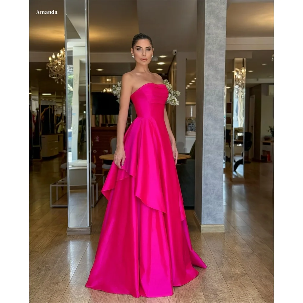 Amanda Customized Pink A-line Tiered Ruffle Strapless Prom Dresses Floor-Length vestidos de noche Sleeveless Formal Evening