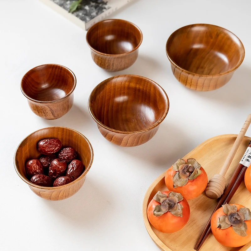 5 Sizes Wooden Rice Soup Bowls Japanese Style Natural Food Container for Fruit Salad Noodle Anti-scalding Eco-friendly Tableware