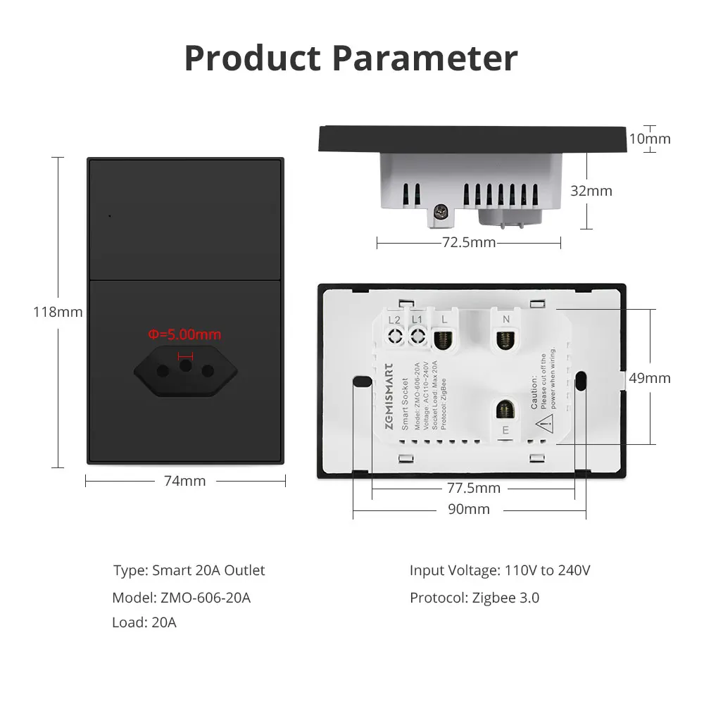 Zigbee 20A Brazil Socket Smart Outlet Works with Tuya Zigbee Hub Support Google Home Smartthings Homekit Control via M6 Hub
