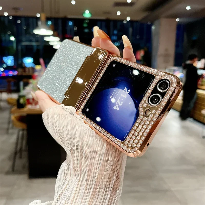 Rhinestone Glitter Bling Pu Leather Trim Phone Case For Samsung Galaxy Z Flip 6 5 4 3 5G Hinge Plating Plastic Back Cover