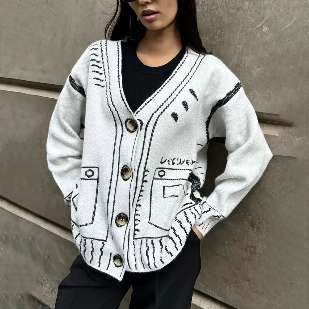 秋のジャカードニットカーディガンルーズ V ネックジャケットシングルブレストセーター長袖コートカジュアル原宿レディーストップス