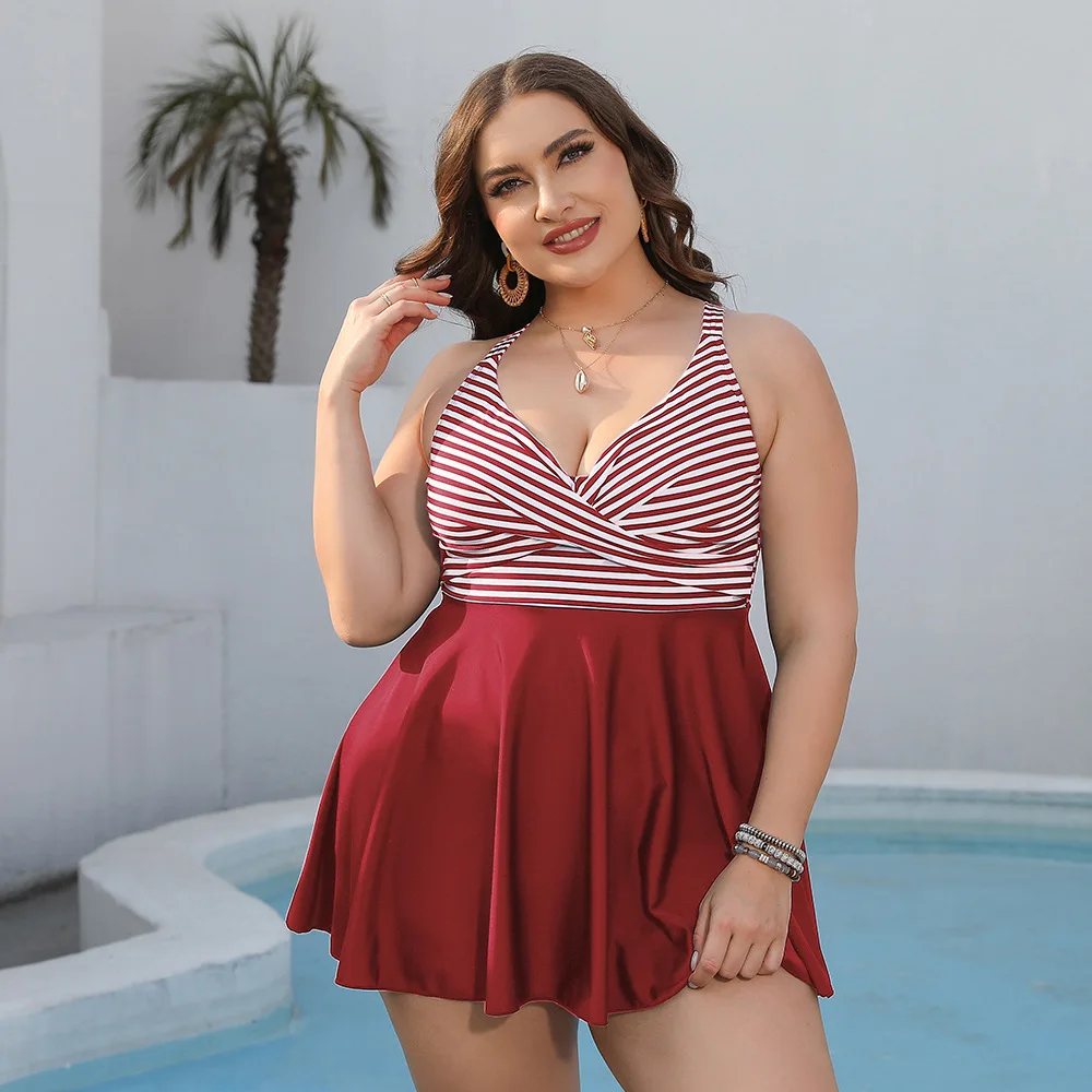 Women's Swimsuits Oversized And Fattened Skirt Swimsuits Striped Back Cross High-end Nylon Beach Swim Clearance