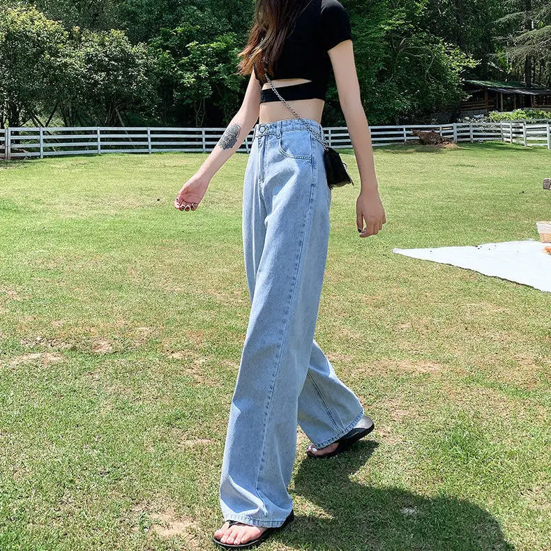 

High Waist Loose Fit Straight Leg Denim Jeans Women's Pure Color Simple Design Autumn Faion Korean Sle Wide Leg Pants