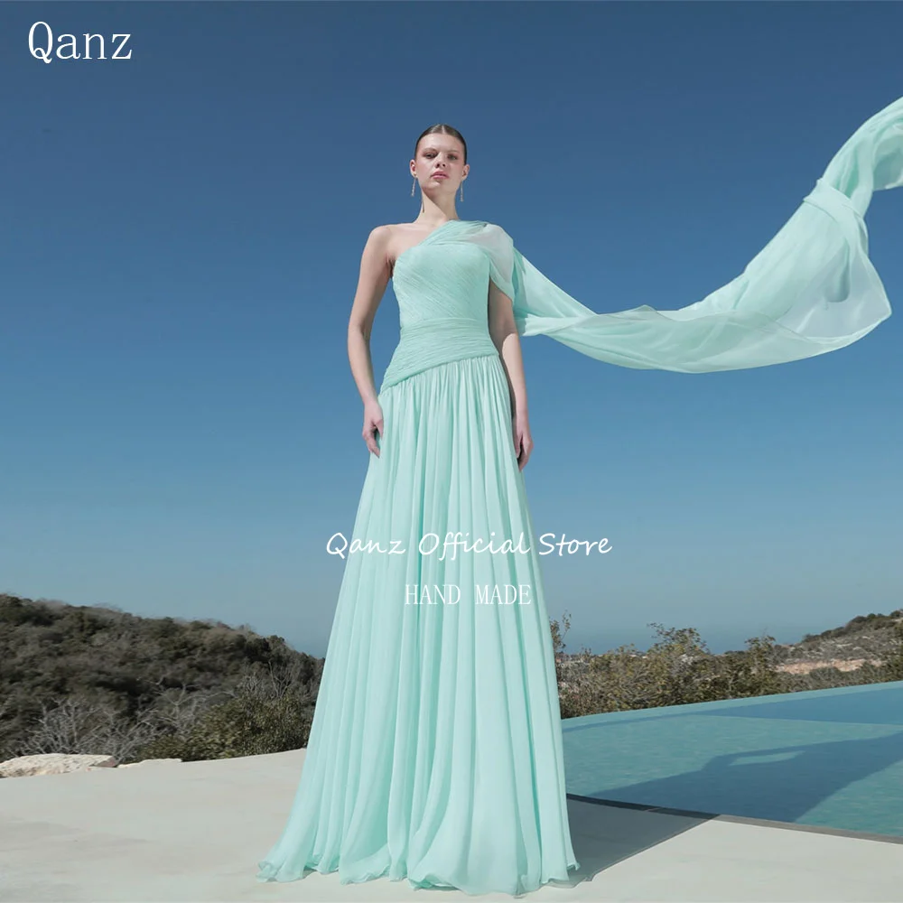 

Qanz One Shoulder Prom Dresses Mint Green Chiffon Long A Line Dresses For Woman Party Wedding Beach Robes De Soirée Customized