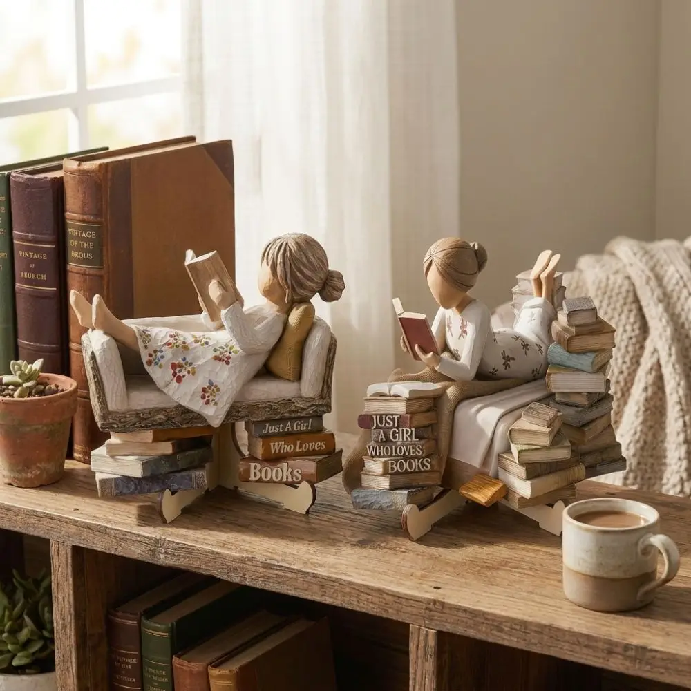 2D Flat Printed Wooden Reading Girl Figurine Just a Girl Who Loves Books with Stand Book Lovers Statues Anti-Fading Vintage