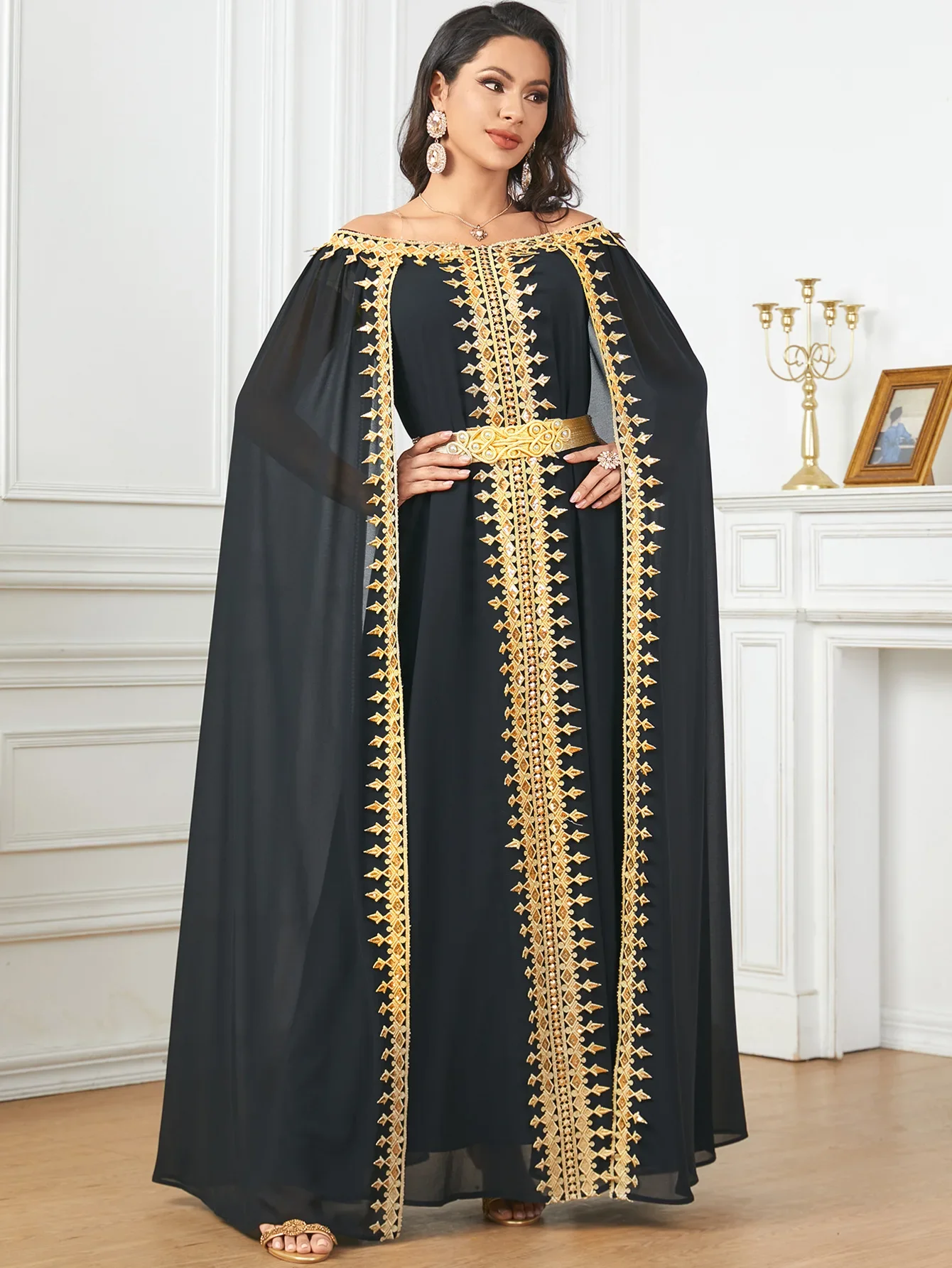 Marocain Kaftan Sequin Long Cape Sleeve Evening Dress for Women Muslim Dubai Abaya Turkey Caftan Femme Robe Djellaba Jalabiya