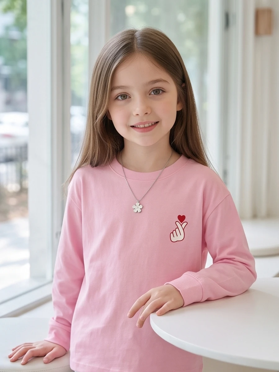 Girls Long Sleeve T-shirt 100% Cotton Cute Hand Heart Chest Print Crew Neck Loose Preppy Casual Kids Autumn Basic Tee