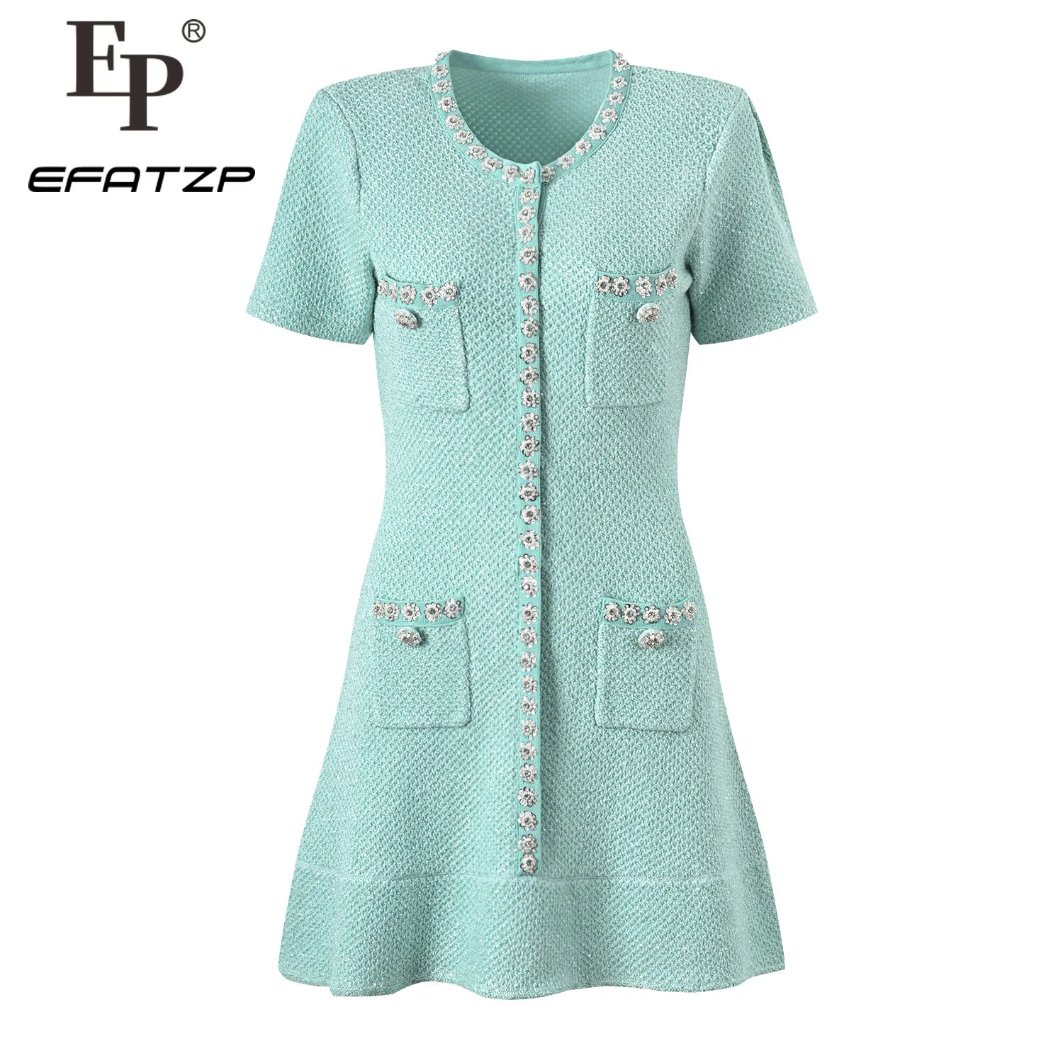 Light Green Diamond Dress Women's Short Sleeve Round Neck Slim High Waist Pocket Office Ladies Elegant Mini Dress 5230420