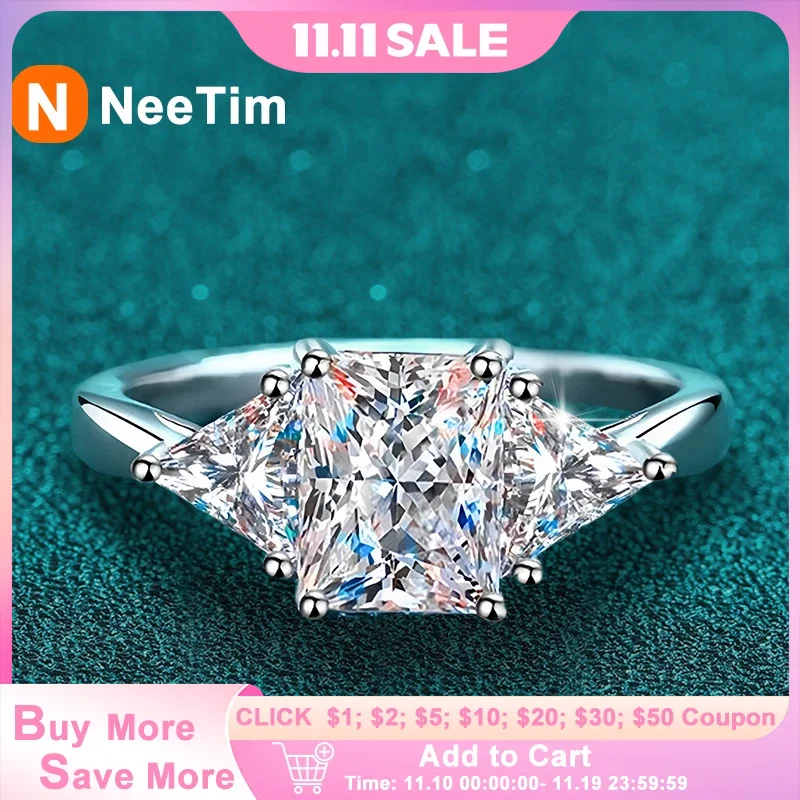 

NeeTim Emerald Cut 3ct Full Moissante Wedding Rings for Women Lab Grown Diamond Promise Band Plated Platinum Marriage Rings