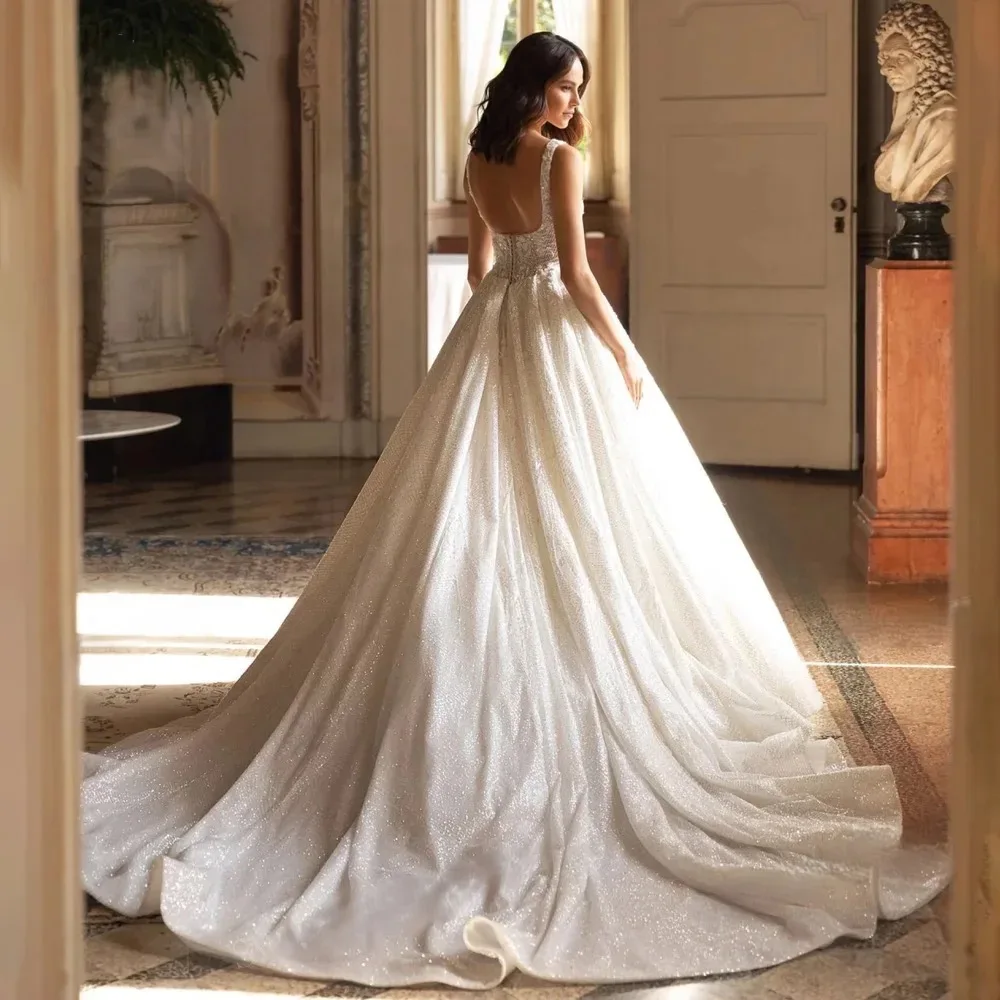 

Customized Off Shoulder Wedding Dress Lace Shining Stickers Bareback Princess Bridal Dress A-line Sleeveless Vestido de novia