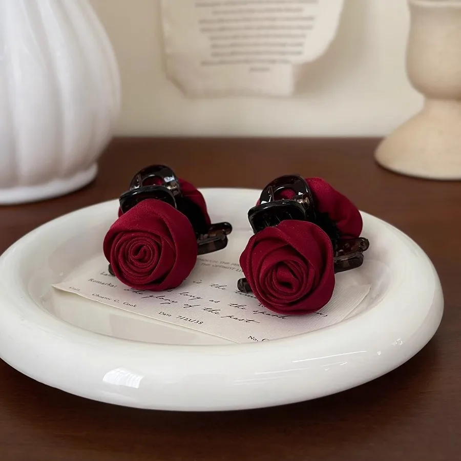 

Red Rose Flower Hair Claw Women Female Small Bangs Side Clip Back of The Head Half Zip Hair Grab Clip Hair Styling Accessories