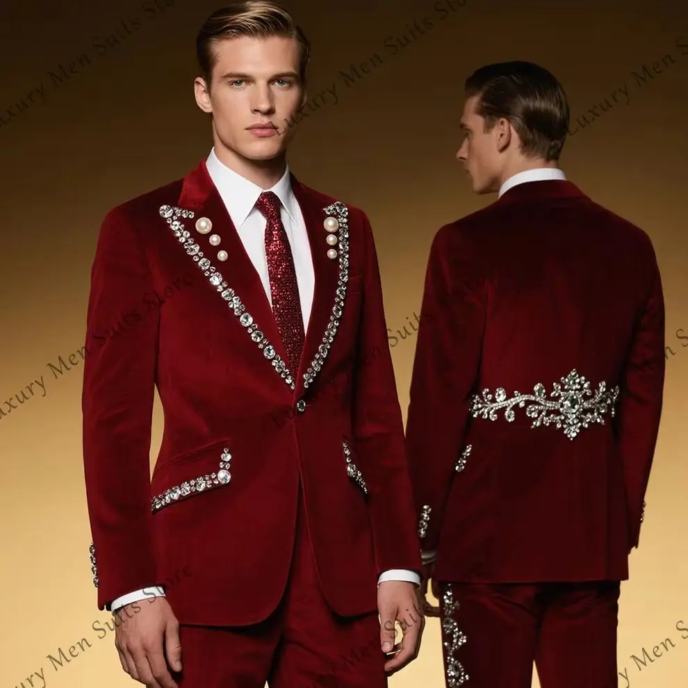 ชุดสูทเพชรหรูหราสำหรับผู้ชาย 2 ชิ้น แบบกระดุมแถวเดียว ชุดทักซิโด้ประดับมุก ชุดเจ้าบ่าวงานแต่งงาน เสื้อเบลเซอร์และกางเกงสั่งตัด ropa hombre
