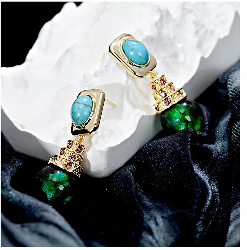 S925 Silver Vintage Oval Turquoise Earrings with Antique Circular Gilded Foil and Glass Design Jewelry for Women