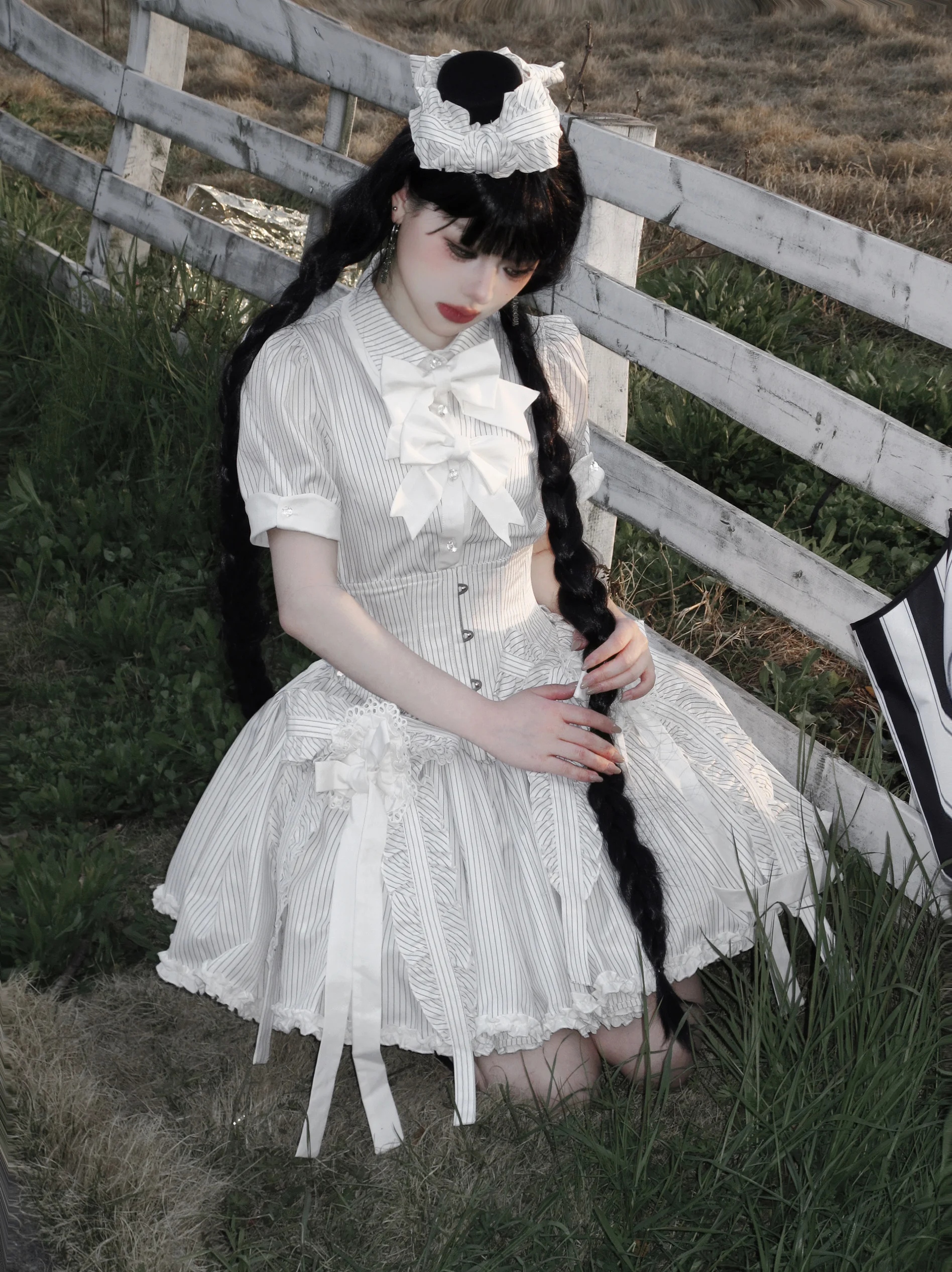 Black Gothic Subculture Dark Striped Short Sleeve Shirt Summer New Women's Slim Fit Retro Elegant Blouses Cake Skirt Cos Costume