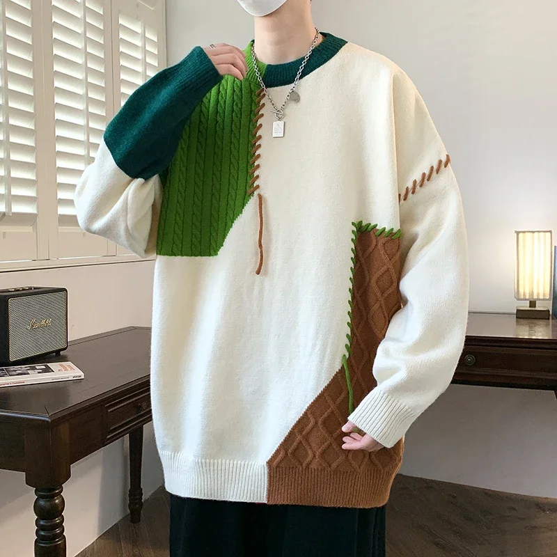 Warm Knitted Patchwork Sweaters Men Autumn Winter Fashion O Neck Knit Pullovers Korean Streetwear Casual Pullover Sweater Male