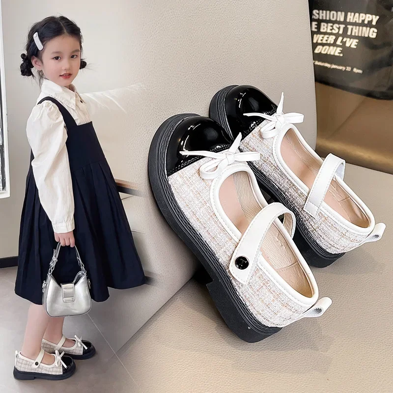 

Girls Patchwork Black Leather Shoes 2025 Autumn Butterfly-knot Lolita Children Mary Janes Elegant Round Toe Comfort Kids Shoes