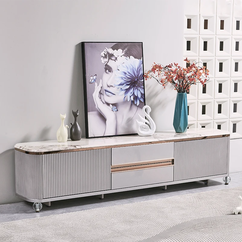 Modern Design Luxury Wooden TV Stand Household Furniture Drawer Storage Marble Slate Top Large Long Wooden Living Room TV Cabine