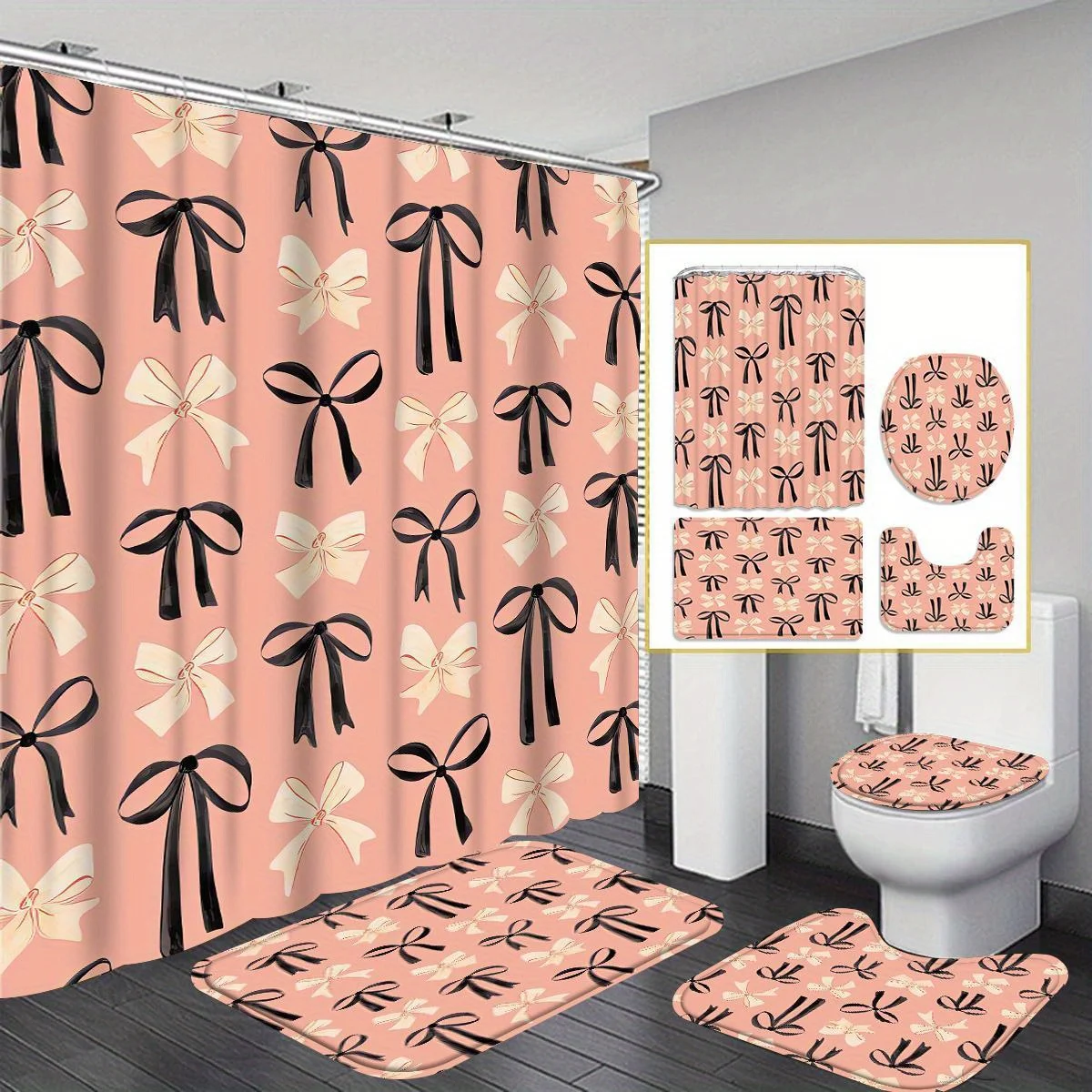 

Занавеска для душа с розовым бантом, моющийся полиэстер, декор для ванной комнаты с 12 крючками, U-образный чехол на сиденье унитаза, можно стирать в машине