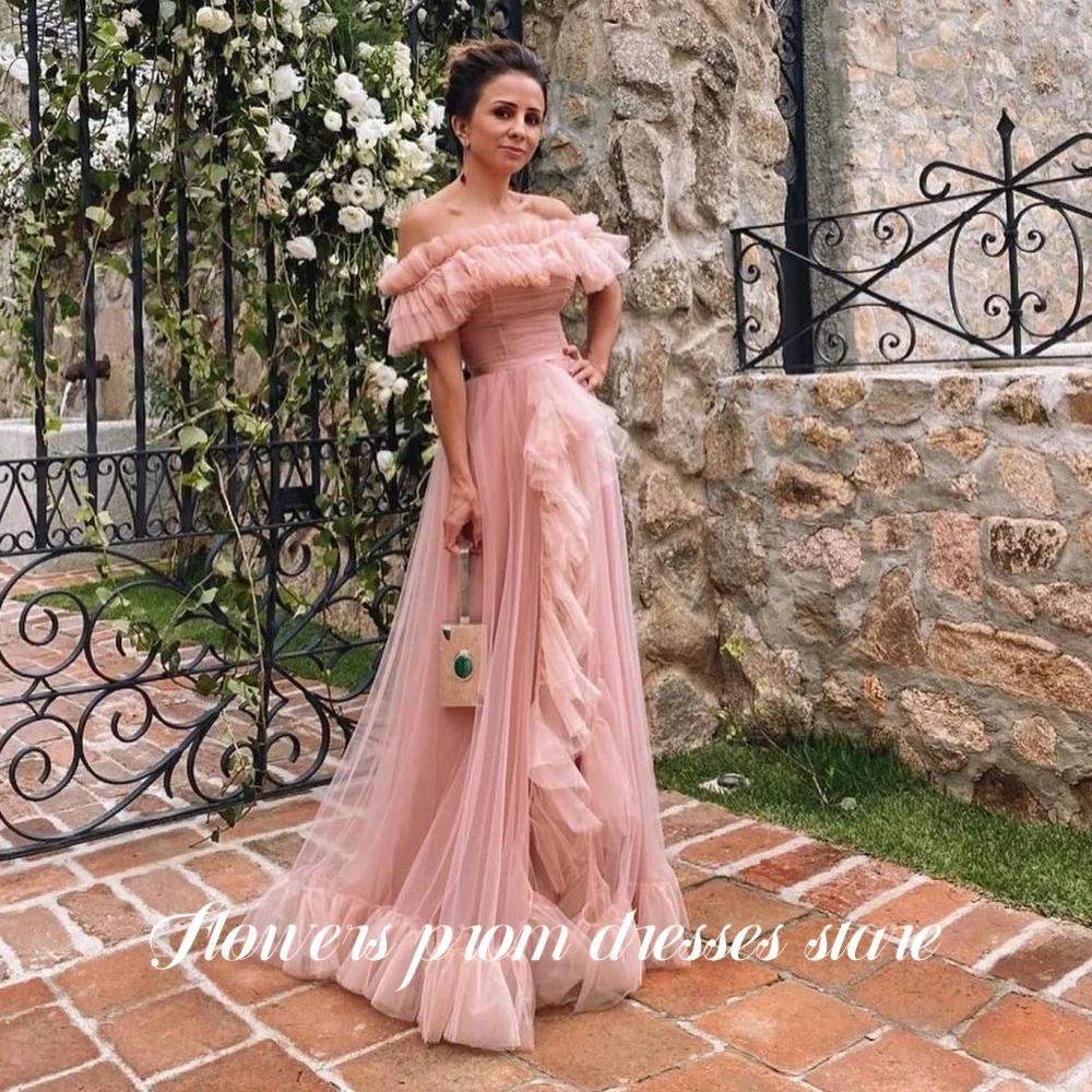 

Flowers A Line Prom Dress Off the Shoulder Party Dress Tiered Split Party Dress for Princess Gown vestidos de fiesta Customized