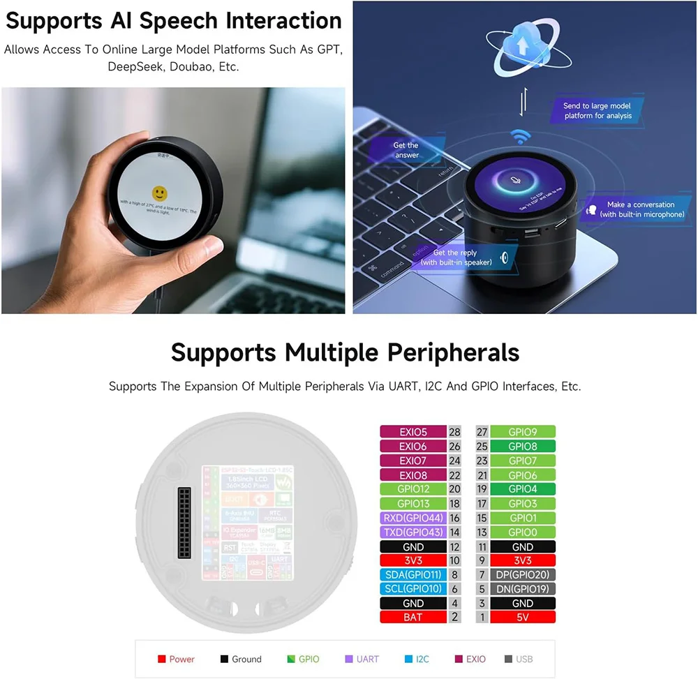 Waveshare ESP32-S3 1.85 بوصة لوحة تطوير LCD مستديرة 360x360 AI صندوق مكبر الصوت ESP32 عرض لاردوينو IDE ESP-IDF