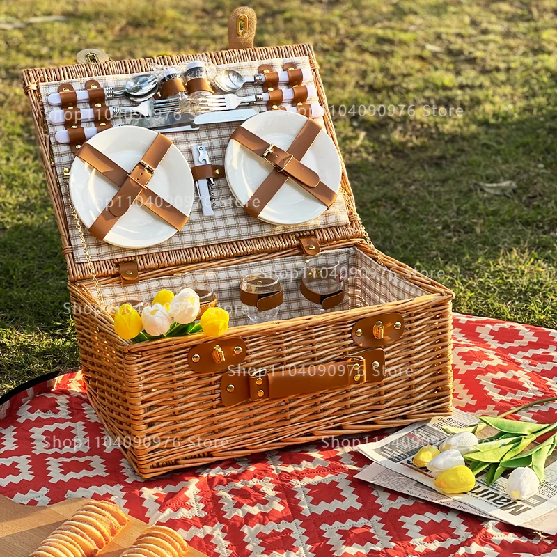 Rattan outdoor spring outing picnic basket large with tableware large capacity exquisite premium portable picnic box set