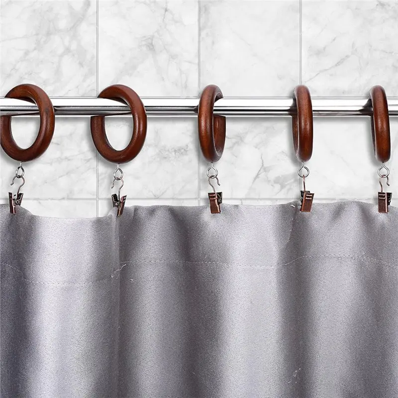 ABKO-Rustic Farmhouse Style Wood Curtain Rings 24 Pieces, 1.7 Inch Inner Diameter With Clips Curtain Hardware Included