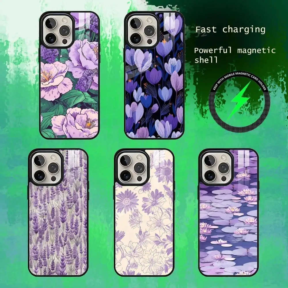 

Purple Flower Phone Case For iPhone17,16,15,14,13 Plus,Pro Max Magnetic For Magsafe Wireless Charging
