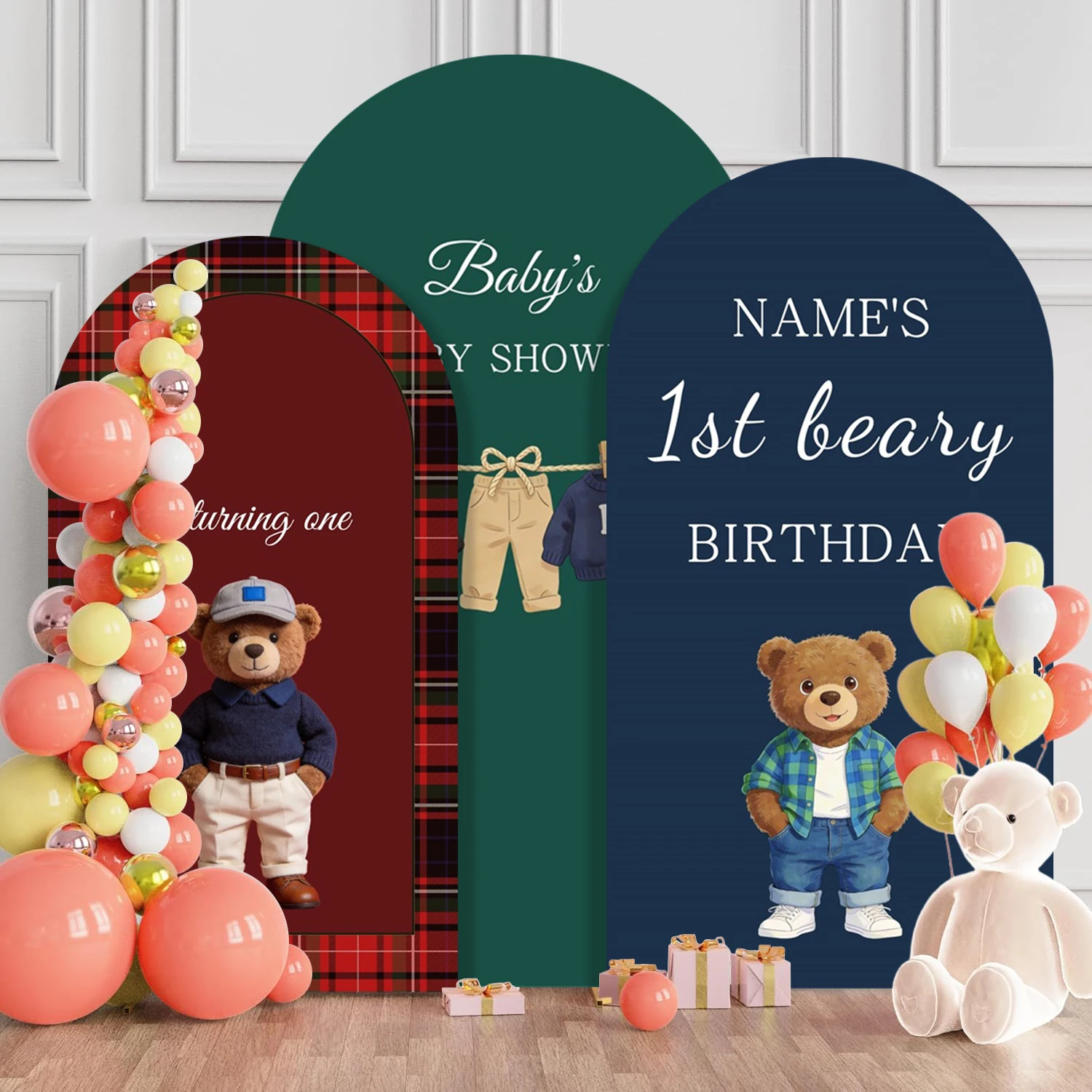 Cute Teddy Bear Arch Cover Background for Custom Boys Girls 1st Birthday Baby Shower Elastic Fabric Arched Photography Backdrop