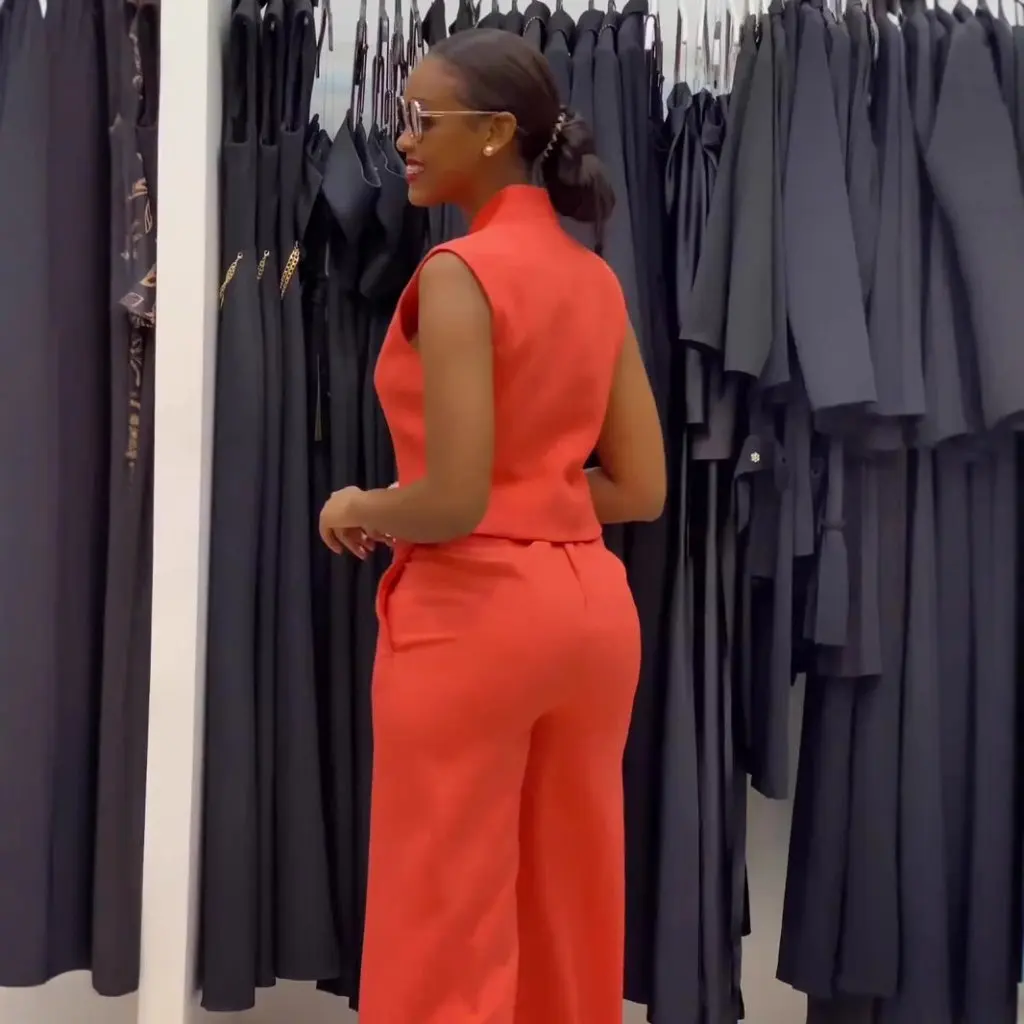 

Комплект из двух предметов без рукавов с широкими штанинами больших размеров, оранжевый всасывающий тонкий свободный костюм для женщин в европейском и американском стиле