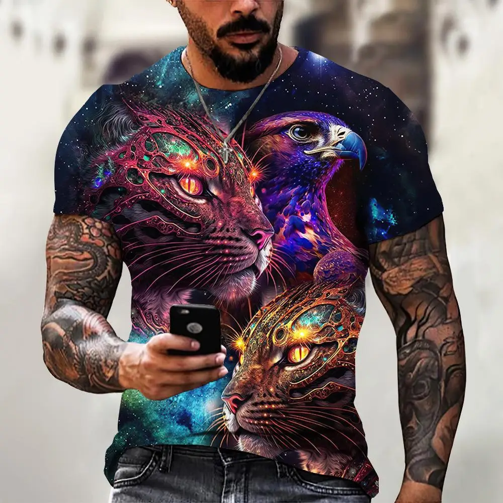 Vintage Colorful Starry Sky Men's T-shirts 3D Leopard Eagle Print Short Sleeve Tops T Shirt For Men T-shirts Oversized Tees