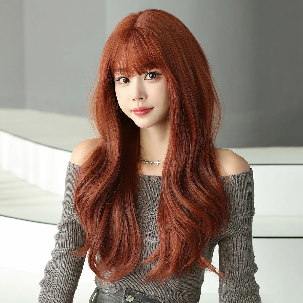 NAMM Deep Orange Long Wavy Wig For Woman Daily Party Cosplay Middle Part Natural Synthetic Wig Heat Resistant Fiber