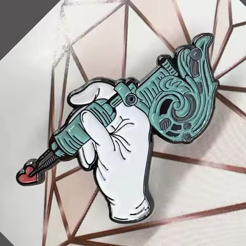 Creative Tattoo Gun Machine Red Heart Brooch Enamel Pin Funny Decorative Lapel Badges Jewelry Accessories