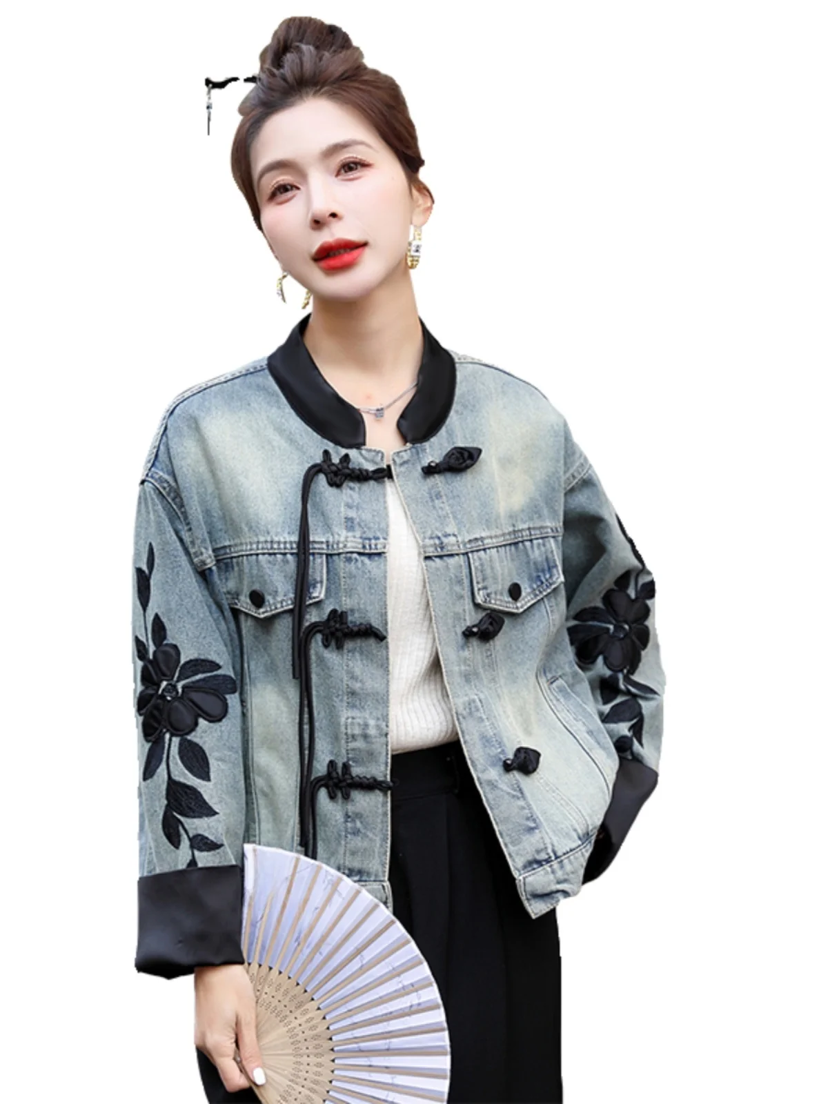 Brodé boutonné ort ample femmes Denim Jaet chinois Sle haut cousu conception florale décontracté trajet Faion