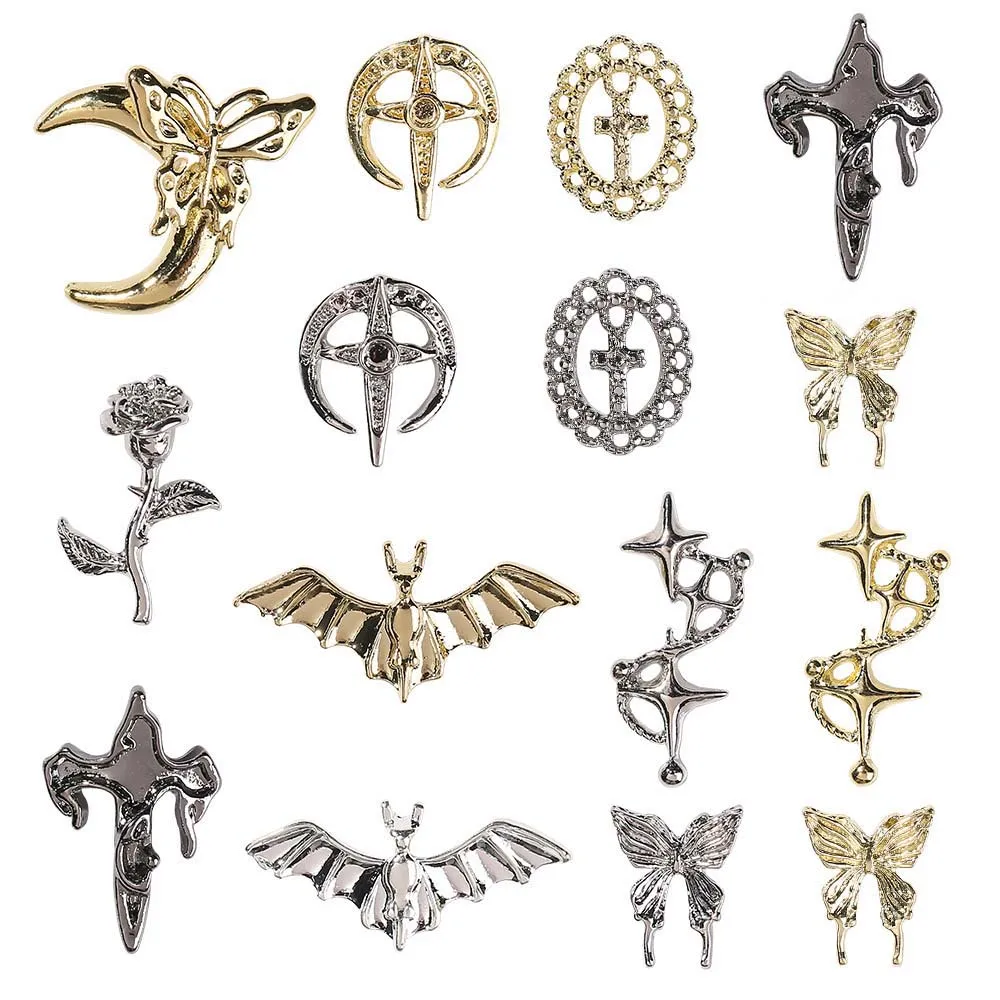 10pcs Zircon Nail Art Charm 3D Gold/Silver Bohemian Cross Evil Butterfly Bat Pentagram Nail Decoration DIY Nail Alloy Jewelry