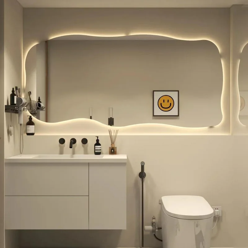 

Wall Shower Mirror Long Funky Cute Light LED Luxury Wavy Irregular Mirror Accessories Asymmetrical Spiegels Home Decorations