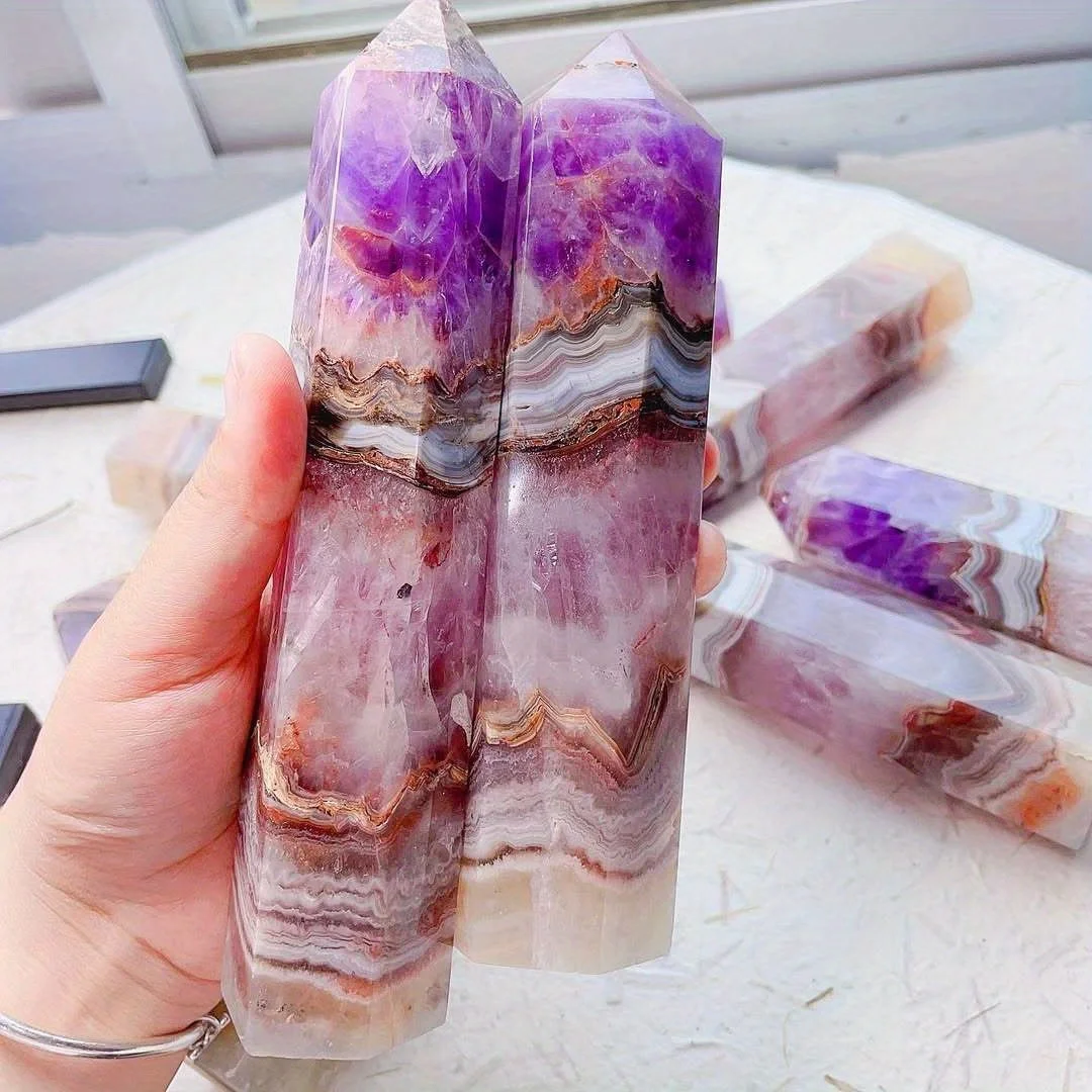 1pc Natural Amethyst Lace Agate Tower, Featuring Crazy Lace, An Exceptional Blend, Ideal for Home Decor, Vibrant Stone Tower