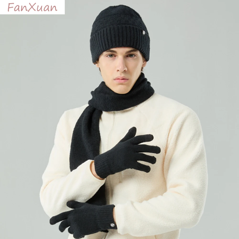 3 قطعة قبعة الشتاء وشاح قفاز مجموعات للرجال النساء محبوك قبعات صغيرة مجموعة وشاح طويل قفازات شاشة اللمس هدية الأسرة