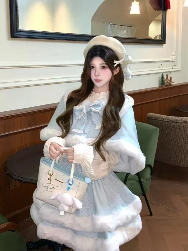 

Sweet Lolita Style Furry Cloak Set Autumn Winter Puffy Skirt Heavy Work Cute Princess Skirt Two Piece Set with Bow Knot