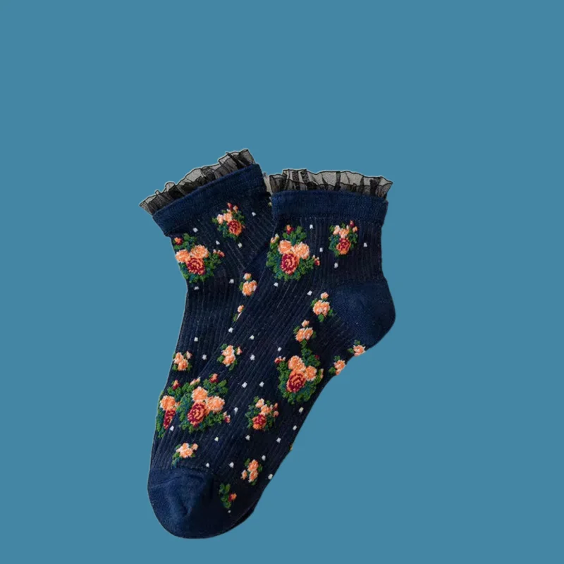 Calcetines cortos de encaje fino para mujer, medias transpirables de alta calidad con flores, 4/8 pares