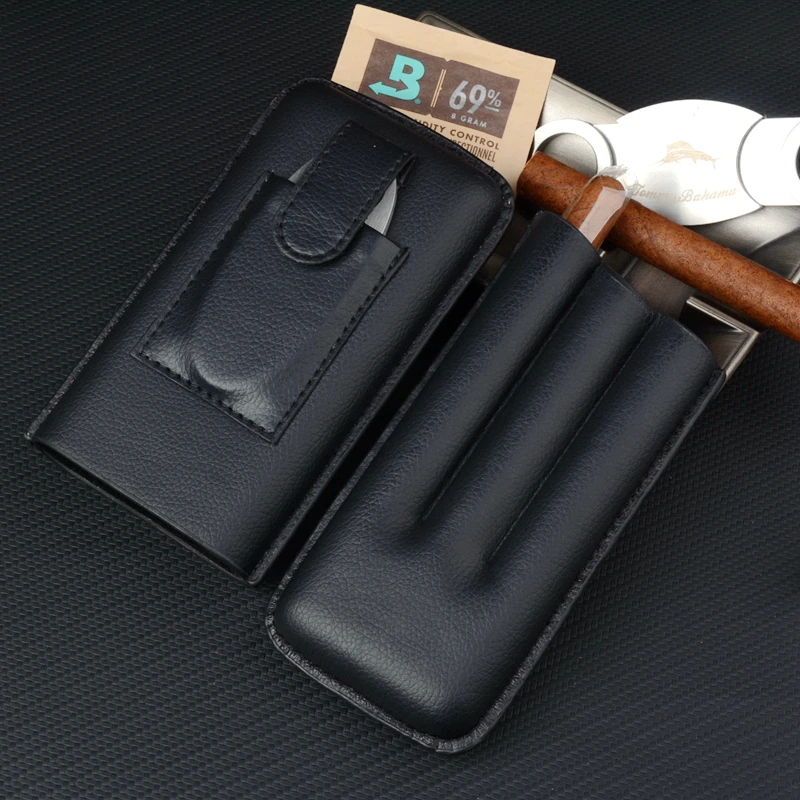 

Special Shape Cigar Case Black Cigar Holder Mini Travel Humdor 3 Tubes with Cutter 54R Man-made Leather Box 50 Aniversary