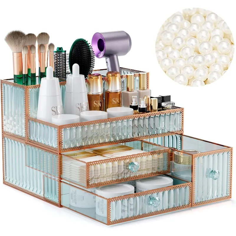 Tempered Glass Makeup Organizer - Elegant Vanity Storage for Cosmetics, Hair Tools, Brushes, Perfume - Multipurpose Bathroom